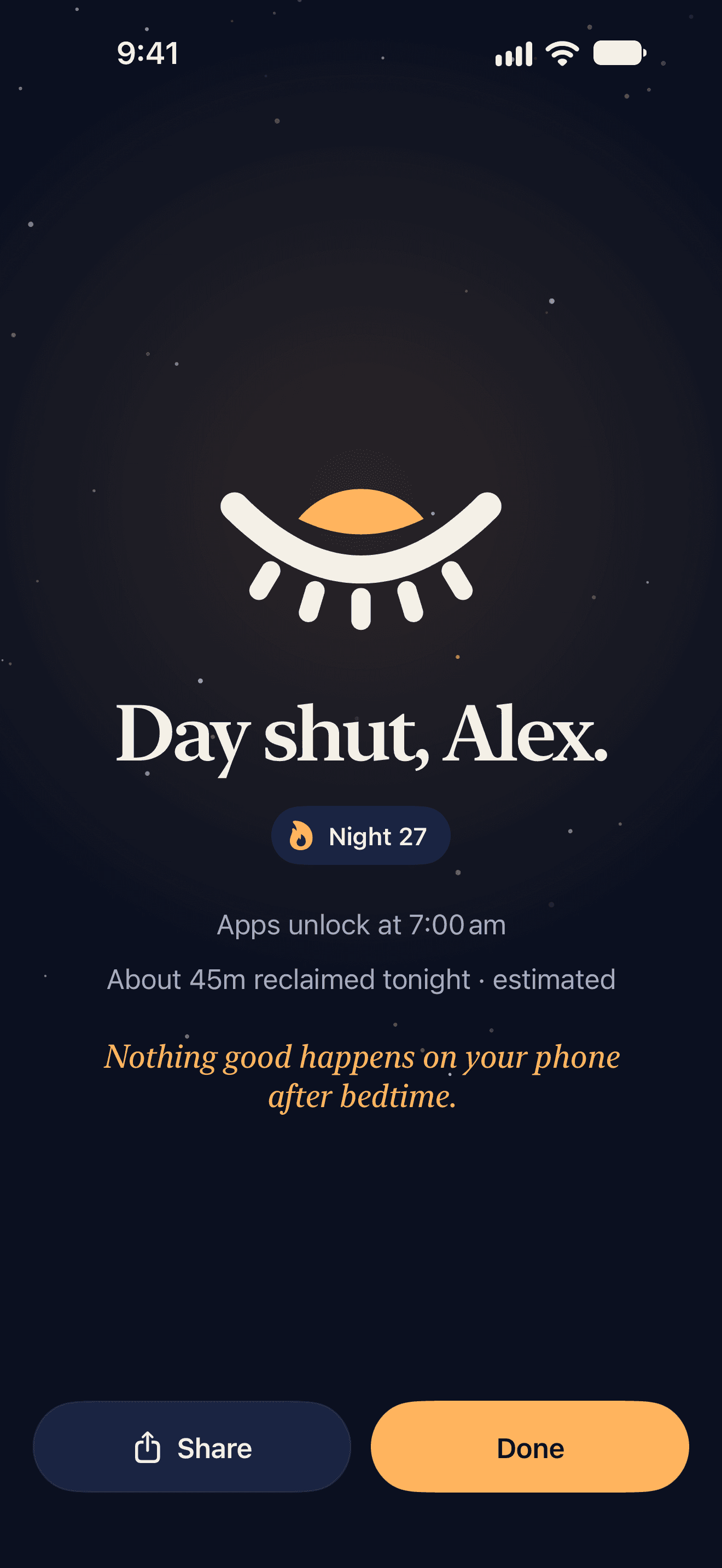 Day shut, night 27: apps unlock at 7:00 am